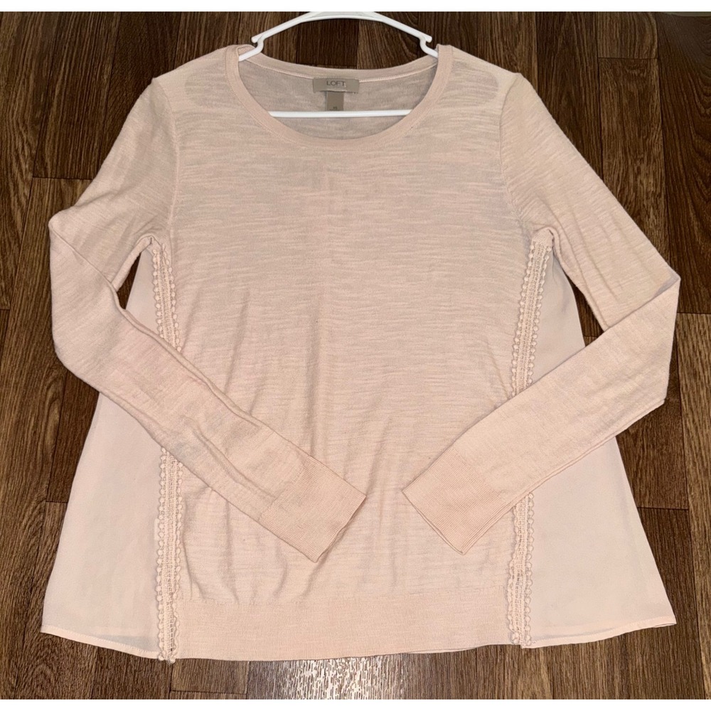 LOFT Outlet Womens XS Pale‎ Pink Mixed Media Lace Trim Long Sleeve Top 418802
